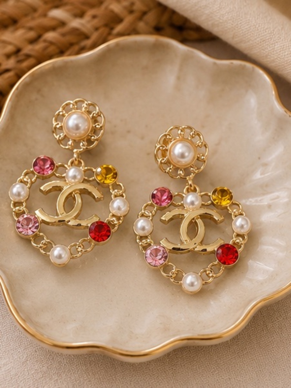 Designer Inspired Pearl & Multicolor Crystal Statement Earrings